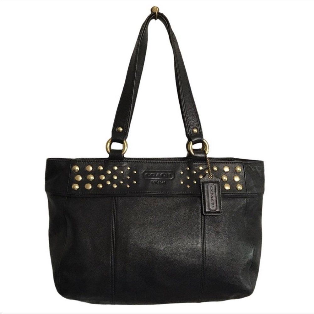 Coach East West F15235 Black Leather Gold Studded Tote Bag Purse